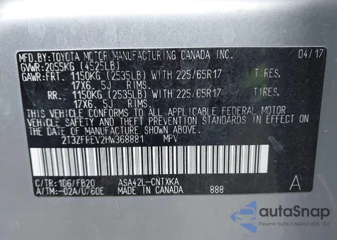 2017 Toyota Rav4 Le z USA, uszkodzony, nr VIN 2T3ZFREV2HW368881